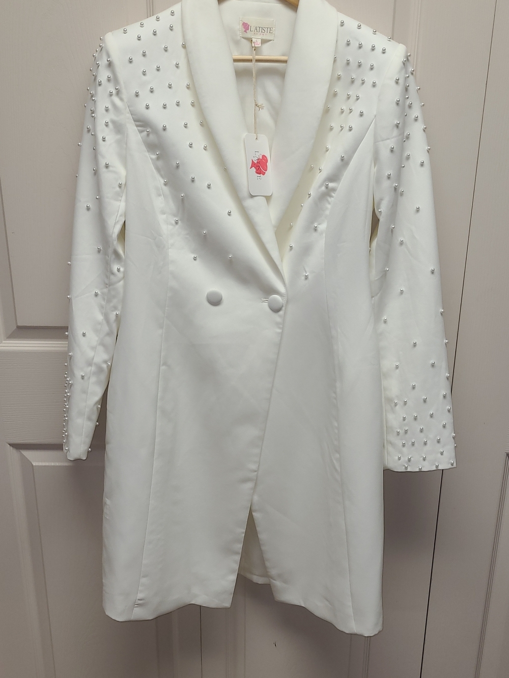 NWT L'ATISTE White Pearl-Studded lined Double-Breasted Blazer Dress